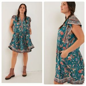 Anthropologie Teal and Coral Floral Mini Dress